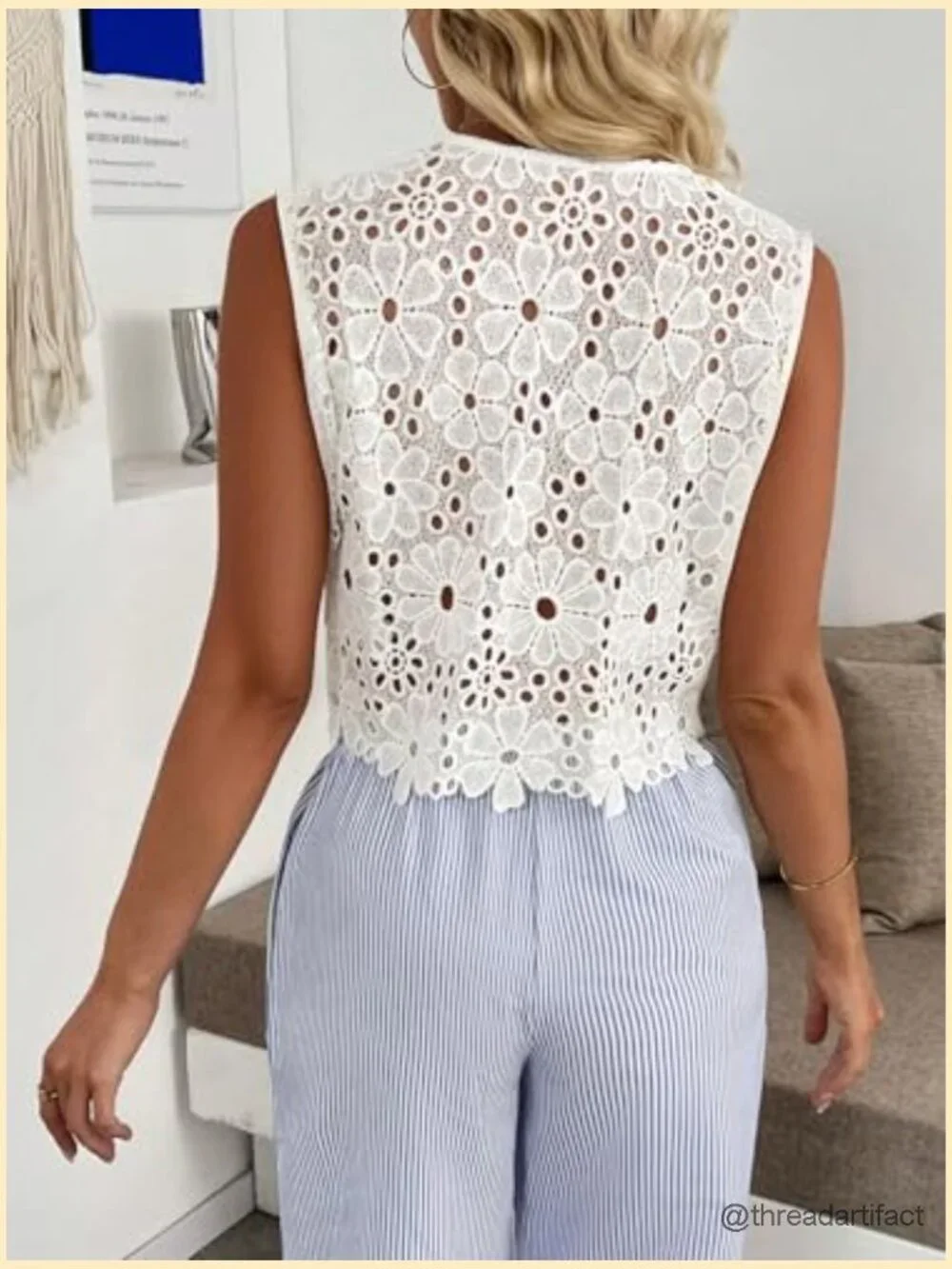 Tie Front Lace Eyelet Embroidered Boho Crop Tank Top Summer Beach Vacation - Picture 2 of 7